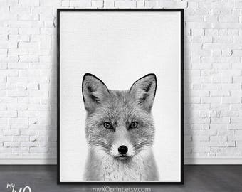 Fox Print, Woodlands Nursery Animal Print, Black And White Fox, Kids Room Poster, Printable Forest Animal, Digital Download, Wall Art Prints