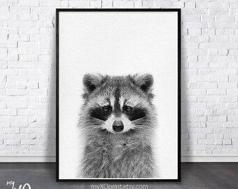 Raccoon Wall Art, Nursery Animal Print, PRINTABLE Art, Woodland Poster, Animal print, Black and White, Nursery Wall Decor, Baby Room Print