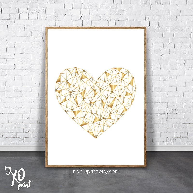 Gold Heart Print Heart Wall Art Geometric Heart Bedroom | Etsy