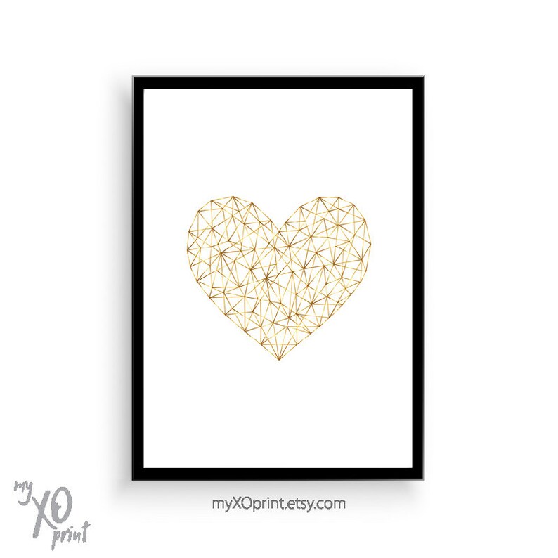 Heart Print Gold Heart Art Geometric Heart Bedroom Wall Etsy