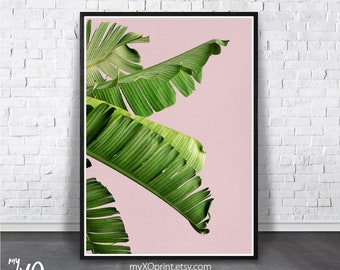 Palm Leaf Print, Tropical Wall Decor, Large Printable Art, Home Wall Art, Banana Leaves Art, Palm Leaves, Tropical Plant, Green Pink Poster