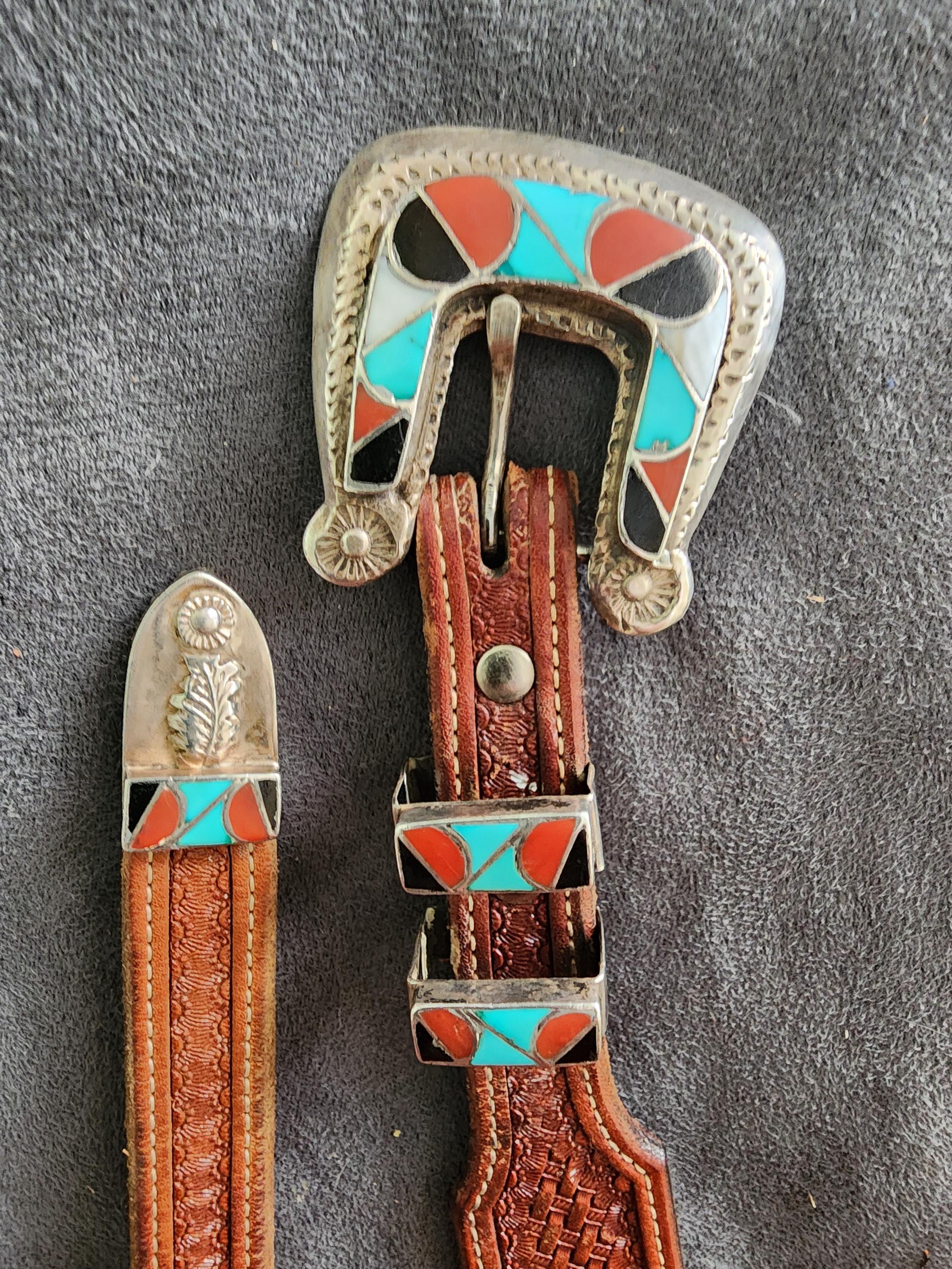 Vintage western-style leather ranger belt, multi-piece silver buckle set. Belt, A Vintage, Buckle, Inlay, Horse Profile, Ranger Set  main image 4