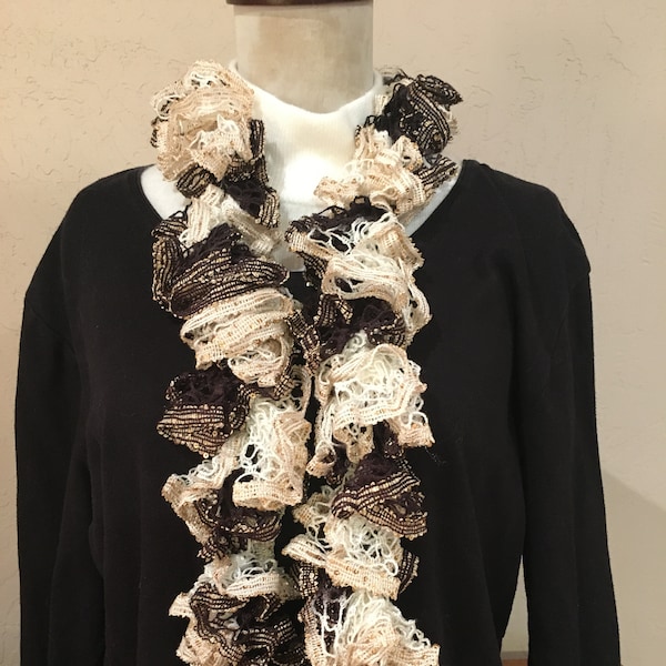 Soft White, Brown, and Black Variegated Ruffle Scarf