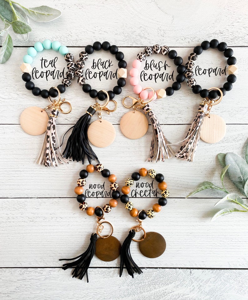 Beaded Keychain Wristlet Wood Bead Keychain Tassel Etsy