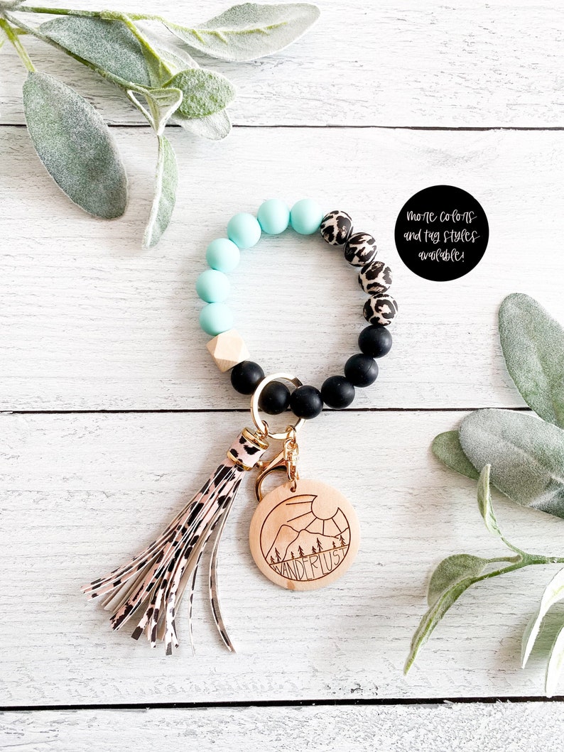 Beaded Keychain Wristlet Wood Bead Keychain Tassel Etsy
