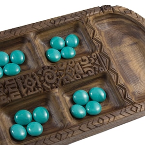 Engraved Walnut Mancala Game Board with Glass Gems