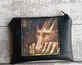 Dragon gift, dragon purse, coin purse, fantasy gift, fantasy purse, dragon themed purse, faux leather purse, black purse, cute dragon