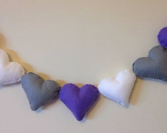 Felt garland, heart garland, purple hearts, purple heart garland, nursery garland, nursery decor, valentines decor, wedding garland