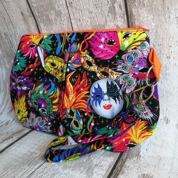 Clutch bag, ladies clutch, bright clutch bag, carnival masks, wristlet bag, evening bag, womens bag, ladies bag, colourful bag, zipped bag