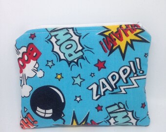 Childrens purse, kids purse, coin purse, change purse, zipped purse, comic purse, blue purse, boys purse, zip purse, zip pouch