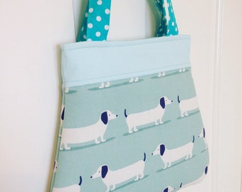 Dachshund bag, ladies handbag, Dachshund handbag, blue handbag, womens handbag, dog themed bag, polka dot bag, dachshund gift, aqua handbag