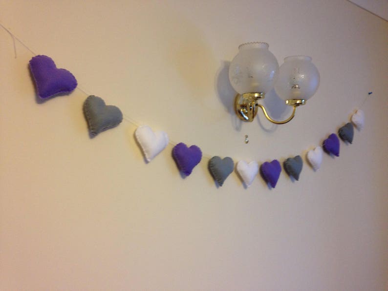 Felt garland, heart garland, purple hearts, purple heart garland, nursery garland, nursery decor, valentines decor, wedding garland 画像 1