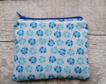 Floral purse, blue purse, floral coin purse, coin purse, blue flower purse, floral gift, ladies purse, zipped purse, flower purse