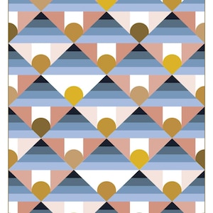 May include: Abstract geometric pattern in blue, pink, gold, and brown. The design comprises triangles, semi-circles, and horizontal stripes, forming a modern aesthetic. The artwork is framed with a thin gold border, creating a visually appealing design.