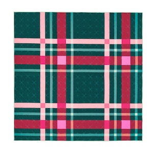 May include: A green, pink, and red plaid fabric with a subtle geometric pattern.