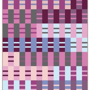 May include: A geometric pattern with vertical columns of rectangles in shades of pink, purple, grey, and blue. The design is a repeating block pattern, suitable for textiles or surface design.