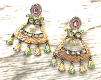 Jhumka Earrings, Indian Jewelry, Pakistani Jewelry, Pastel Jhumka, Pink Mint Green Kundan Earrings, Meenakari Jhumka Earrings, Rhodium