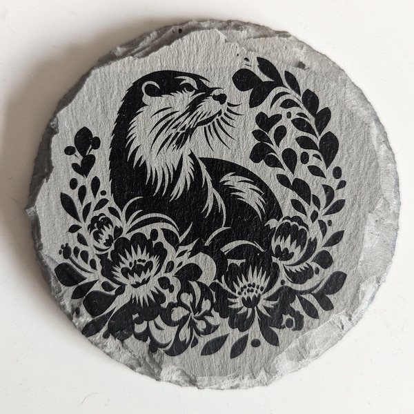 Engraved Otter Slate Coaster, Floral Wildlife Design
