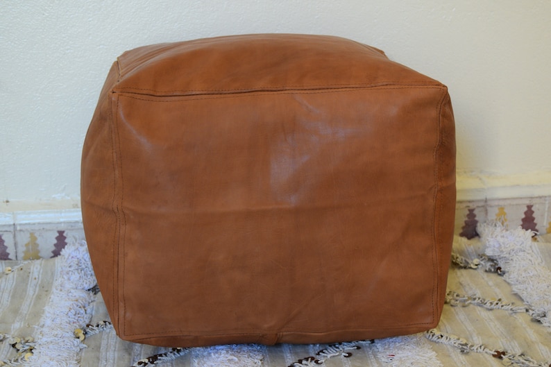 Light Tan Moroccan Pouf in Tan Leather