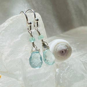 Dainty Aquamarine Faceted Drop Earrings with Clear Green Emeralds in Sterling Silver