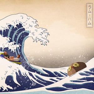 May include: A stylized illustration of a person on a raft in a large ocean wave, reminiscent of the famous Japanese artwork "The Great Wave off Kanagawa." The wave is depicted in shades of blue and white, with a brown creature in the water.