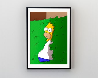 May include: A yellow cartoon character with a white shirt and blue pants is hiding behind a green bush. The character has a surprised expression on their face.