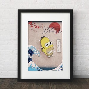 May include: A framed print of a yellow cartoon character with large eyes and a toothy grin, set against a blue and white wave pattern. The print features Japanese text that reads "Mister Sparkle" and "バスクリーニング".