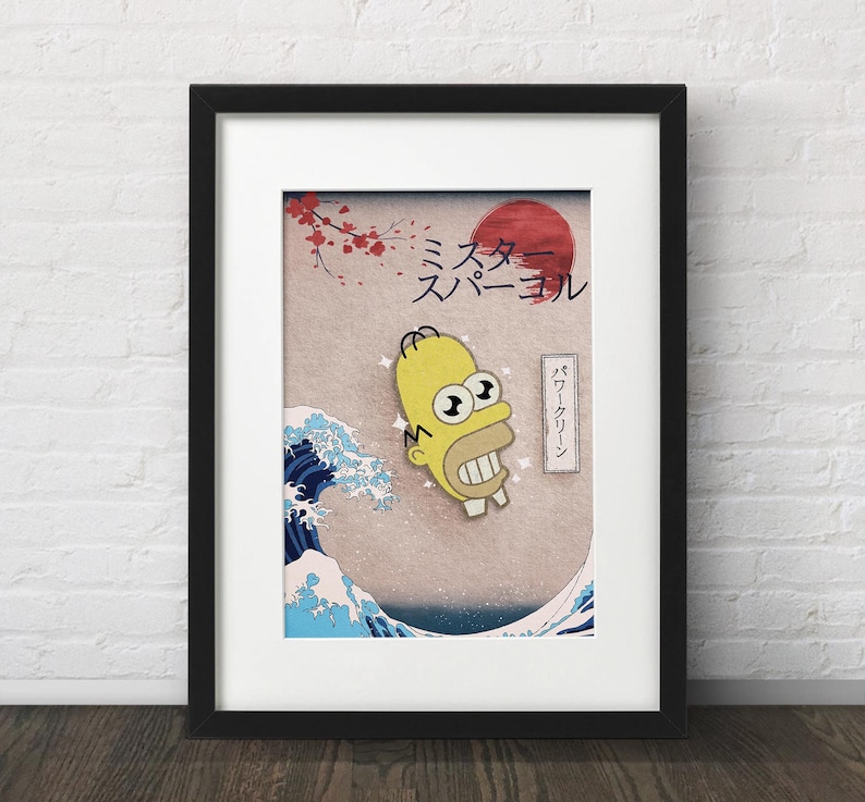 May include: A framed print of a yellow cartoon character with large eyes and a toothy grin, set against a blue and white wave pattern. The print features Japanese text that reads "Mister Sparkle" and "バスクリーニング".