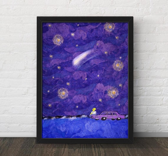 抽象アートカード 紫色と黄色の星 ホーマーの星月夜 - ホーマーの母 - シンプソンズ ゴッホ風絵画 - 高