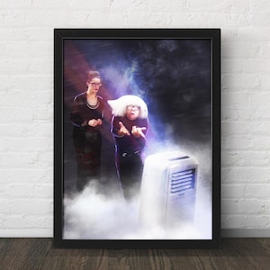 May include: A digital painting of a man with white hair and a woman with dark hair standing in front of a white air conditioner. The man is wearing a purple shirt and the woman is wearing a black dress. The background is dark and smoky.
