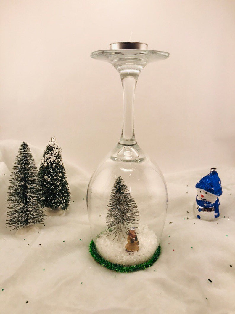 Holiday Wine Glass Snow Globe Candle Holder plus Tree Ornament Etsy