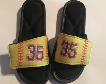 Custom slide sandals, custom slides, custom sandals, softball slides, softball sandals, personalized softball accessories, softball shoes