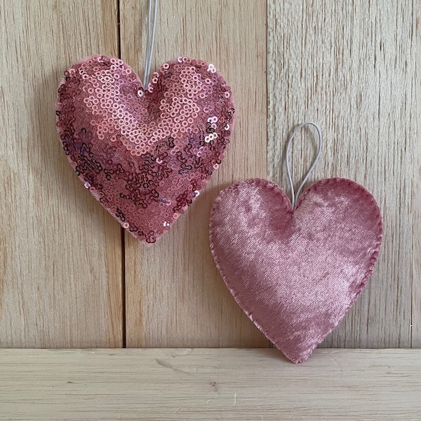 Pink crushed velvet heart & pink sequin heart - 9cmx8.5cm hearts.