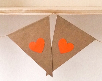 Bright orange hearts on a rustic bunting, with a choice of lengths available. Rustic wedding, Barn wedding, country rustic decor