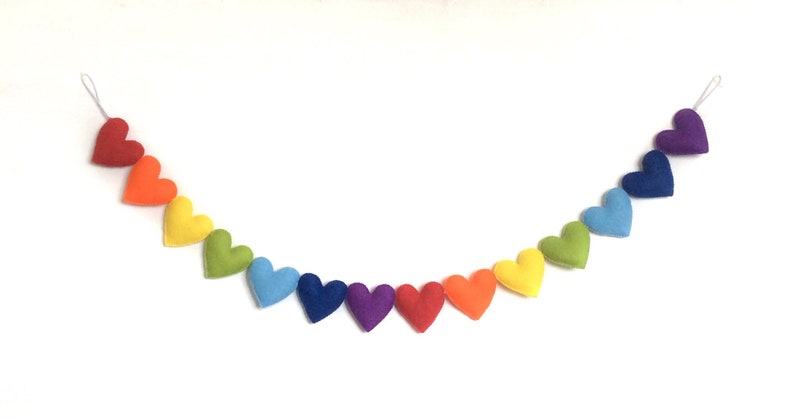 Bright rainbow, 5.5cm size hearts - rainbow bedroom art, bright heart garland, bright heart bunting, bright heart banner, gender neutral art 