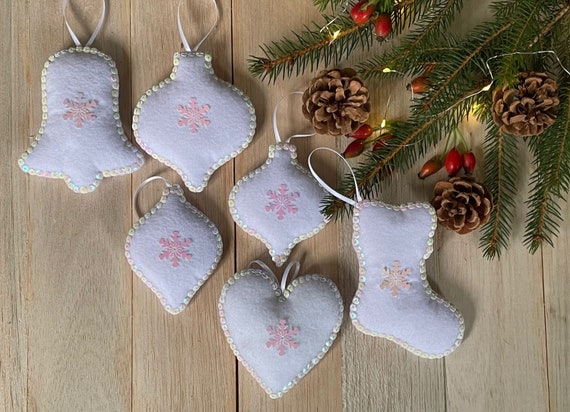 Set of 6 White Felt and Iridescent Sequin Christmas Decorations / Christmas  Tree Decorations Various Sizes 