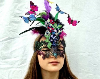 Whimsical Woodland Masquerade Mask: Multicolor Butterflies & Flower Lace Feathered Fantasy Accessory, Woodland Butterfly Fairy Mask