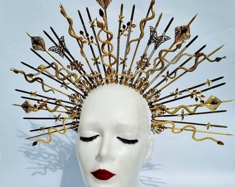 Gold Medusa Spiked Headdress,Gold Fairy headpiece with leaves,spikes,snakes,Gothic Chain crown, Gorgon,Goddess Headdress,Medusa Cosplay