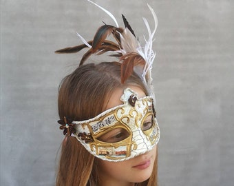 Ivory,Gold,Brown Masquerade Feathered twig mask,Phantom of the Opera Mask