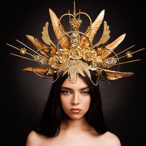 Gold Goddess Feathered Headdress,Gold Spiked Valkyrie Headdress,Gold roses crown,Gold lace spiked halo,Beaded Gold Ring Fascinator