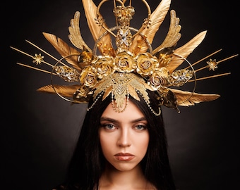 Gold Goddess Feathered Headdress,Gold Spiked Valkyrie Headdress,Gold roses crown,Gold lace spiked halo,Beaded Gold Ring Fascinator