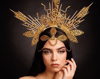 Gold Rhinestone Gothic Spiked crown with snakes, Gold Chain Fairy, Queen, Goddess, Gorgon Crown