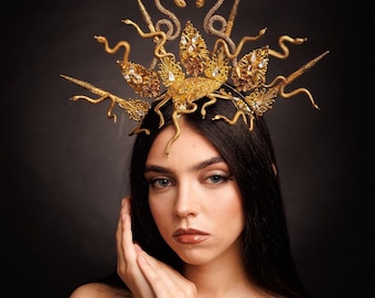 Gold Medusa Spiked Headdress,Fantasy headdress,Gorgon Headpiece,Gold Snake,Lace, Rhinestone crown,Medusa Costume,Medusa Cosplay