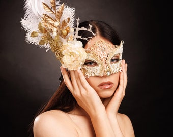 Handgemachte Perlen Maskerade Maske: Gold Florale venezianische Karneval Maske