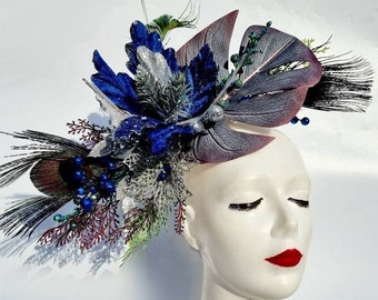 Blue Poinsettia Peacock Feather Crown, Winter Fairy Headband