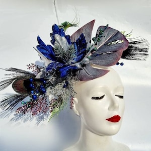 Blue,Silver,Green,Marsala Crown with Peacock Feather,Poinsettia, Twig,Leaves,Snow Queen,Fairy,Woodland Winter Birthday,Cristmas Crown,Hat