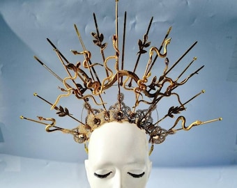 Gold Medusa Spiked Headdress,Fantasy headdress,Gorgon Headpiece,Gold Snake,Lace, Rhinestone crown,Medusa Costume,Medusa Cosplay