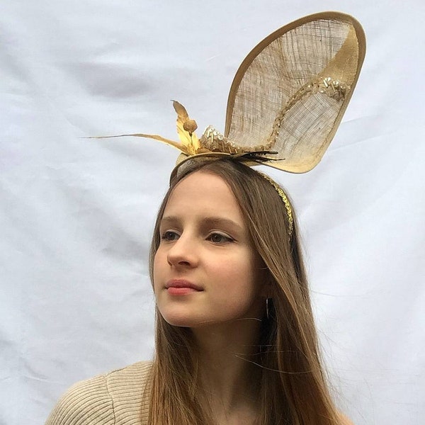 Beige, Gold  Sinamay Fantasy Feathered Kentuky Derby Hat, Elegant headpiece,Gold Beaded Fascinator with whorls,loops, feathers and flowers