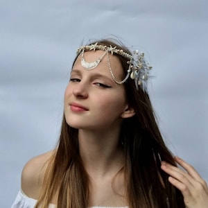 White,Gold Starfish,Shell,Pearl Feathered Wedding crown,White,Gold Mermaid Chain Headpiece,Moon Goddess Crown