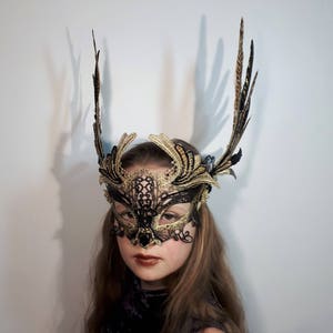 Phoenix Bird Feathered Headdress,Feathered Black Gold Lace Mask,Valkyrie Mask,Beaded Venetian Mask,Costume Mask Masquerade Ball with Wings